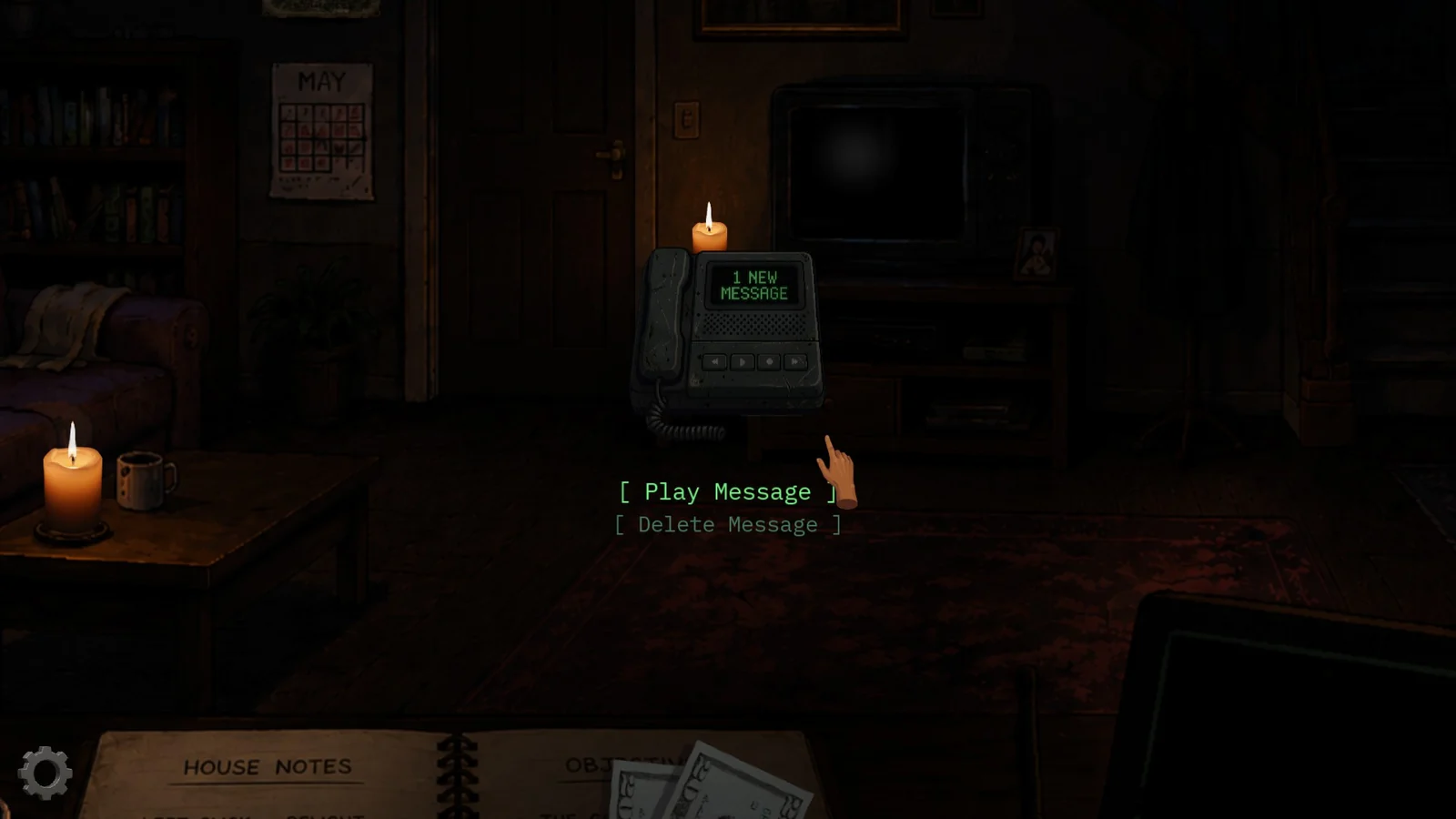 Hauntasy Demoの開始時に表示される留守番電話と「1 NEW MESSAGE」の画面