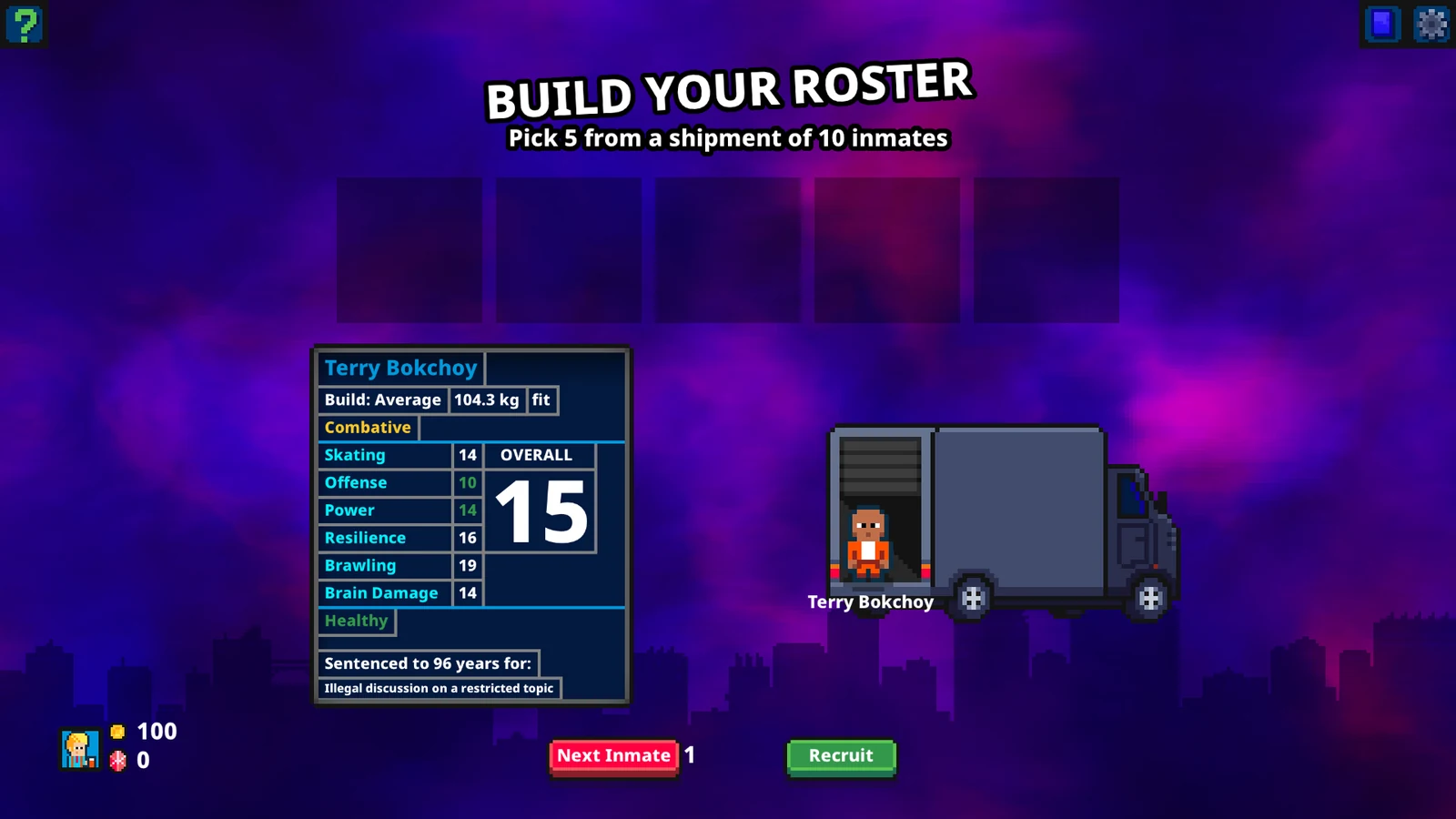 Super Blood Hockey Rogue Manager Demoで10人の囚人候補からロスターを編成する画面