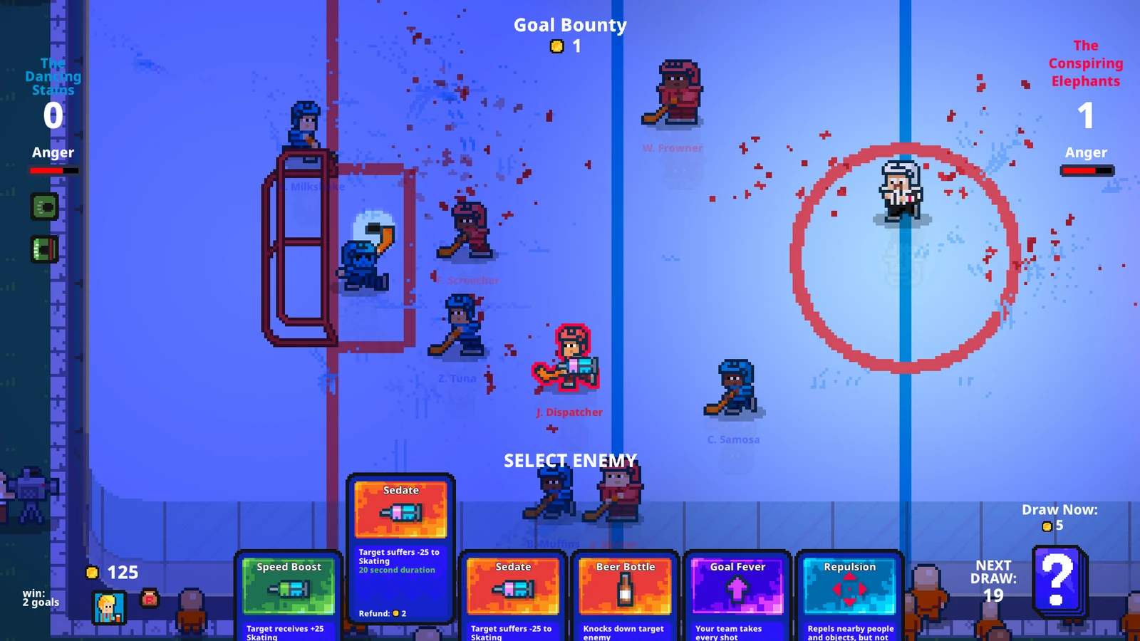 Super Blood Hockey Rogue Manager Demoの試合中にカード手札を使って介入する画面