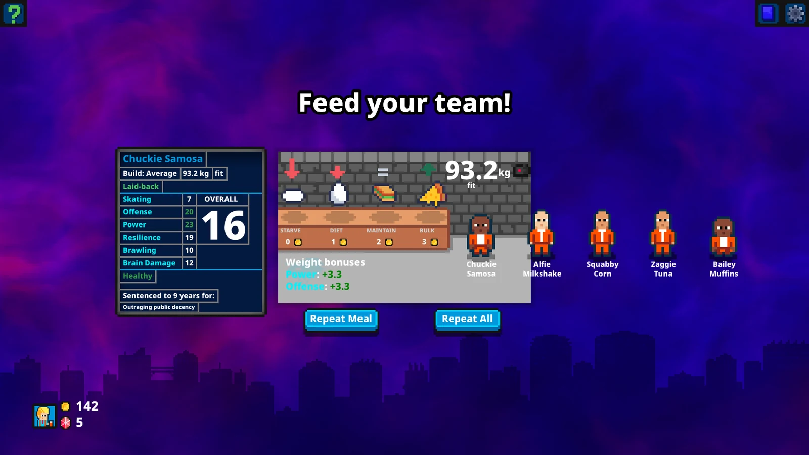 Super Blood Hockey Rogue Manager Demoで囚人選手の食事を選ぶFeed your team画面