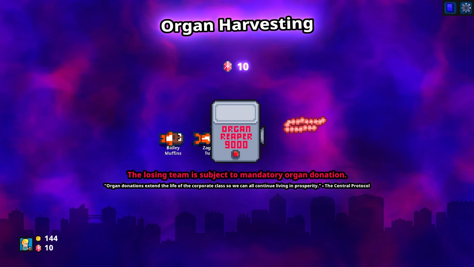 Super Blood Hockey Rogue Manager Demoで敗北チームが強制臓器提供されるOrgan Harvesting画面