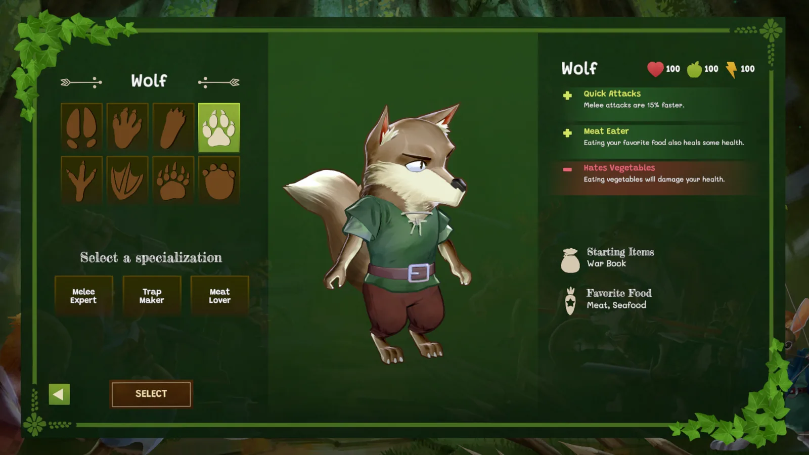 Woodland RebelsのWolf選択画面