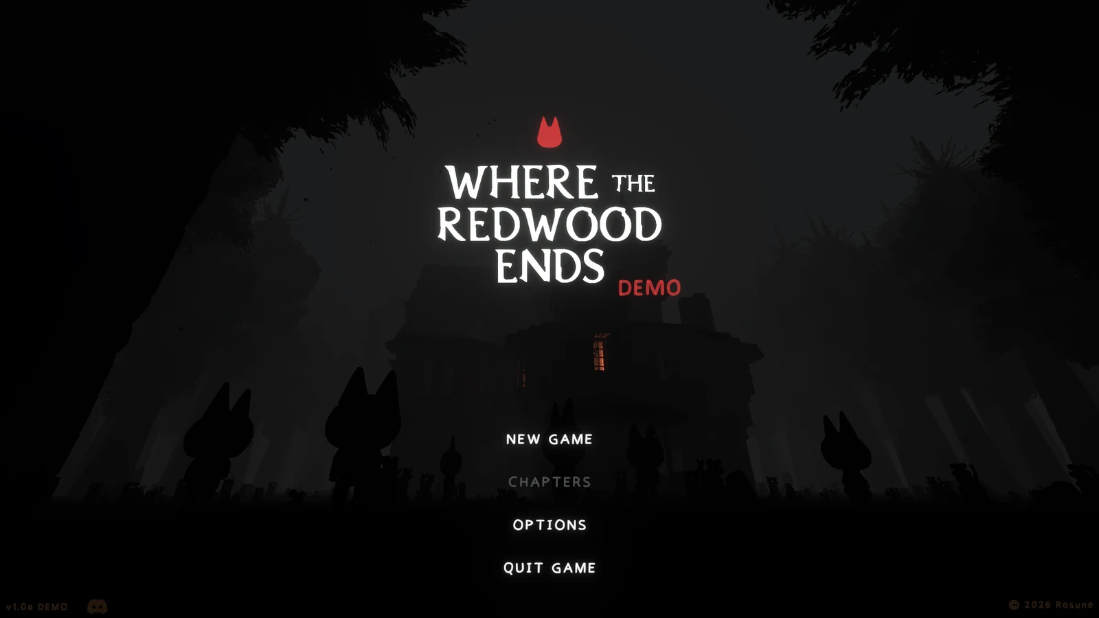 Where the Redwood Ends Demoのタイトル画面。森の中の屋敷を背景にゲームロゴが表示されている。