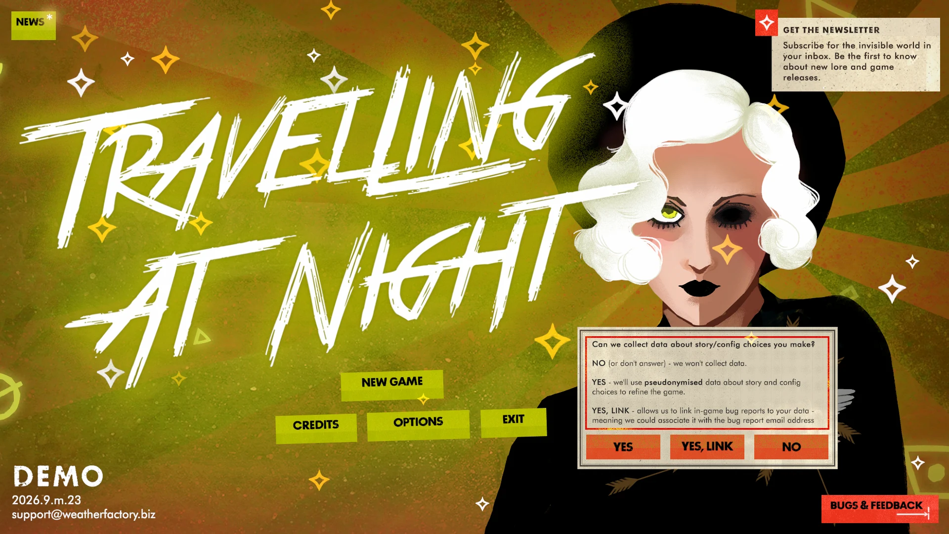 Travelling At Night Demoのタイトル画面。NEW GAME、OPTIONS、CREDITS、EXITが表示されている。