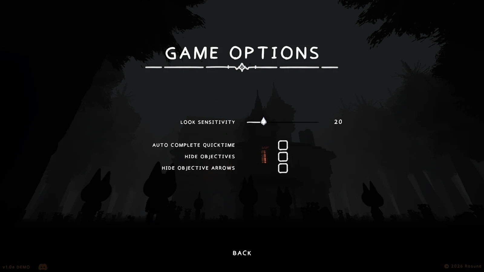 Where the Redwood Ends DemoのGame Options画面。QTE自動完了やObjective表示設定があり、Language項目はない。