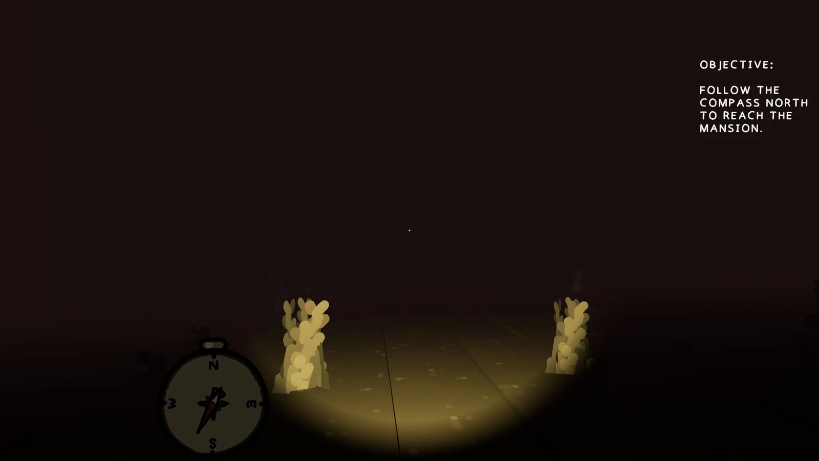 濃霧の森でObjectiveに「FOLLOW THE COMPASS NORTH TO REACH THE MANSION」と表示され、左下にコンパスが出ている場面。