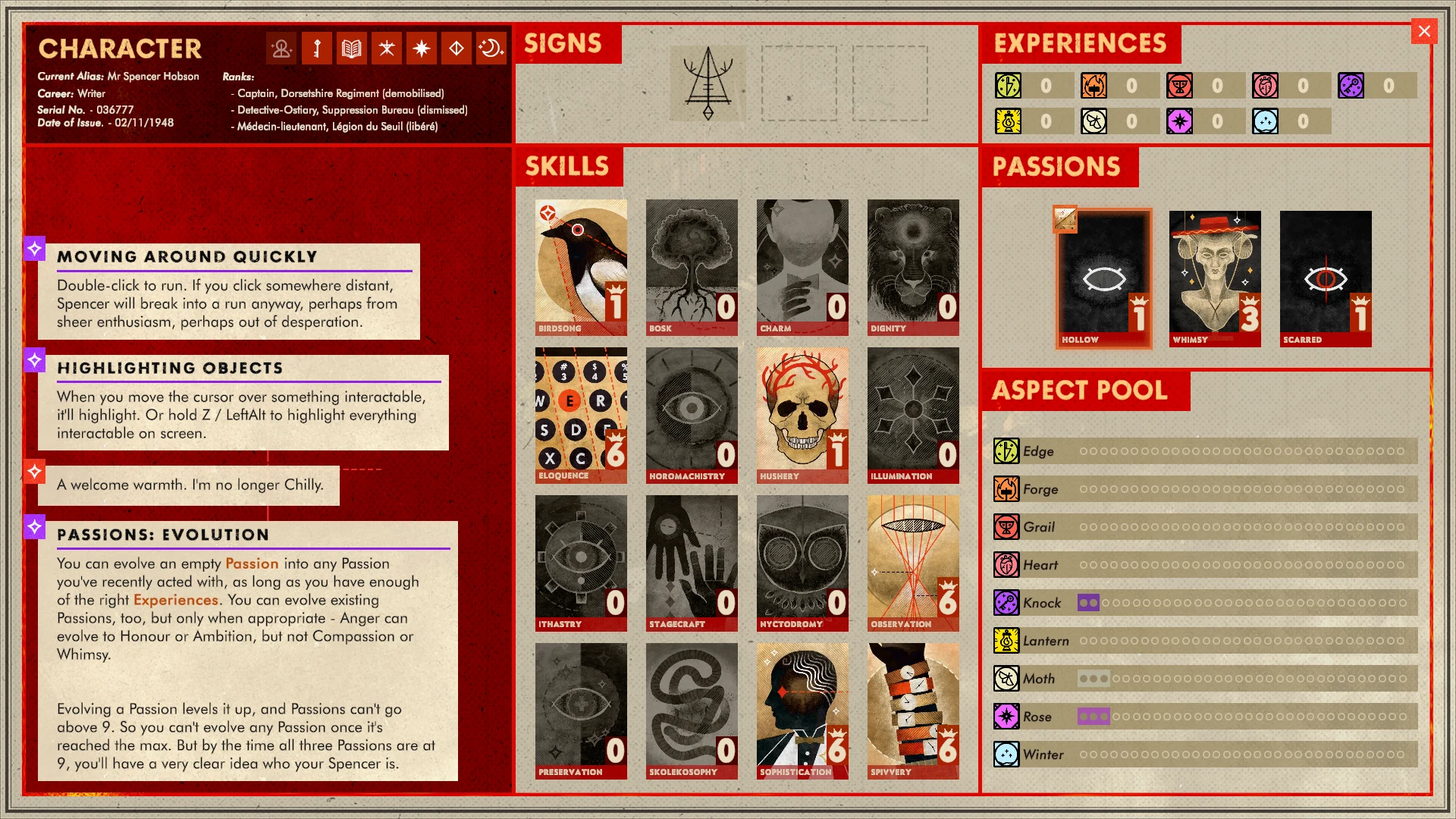 Travelling At Night DemoのCharacter画面。Skills、Passions、Experiences、Aspect Poolが一覧表示されている。