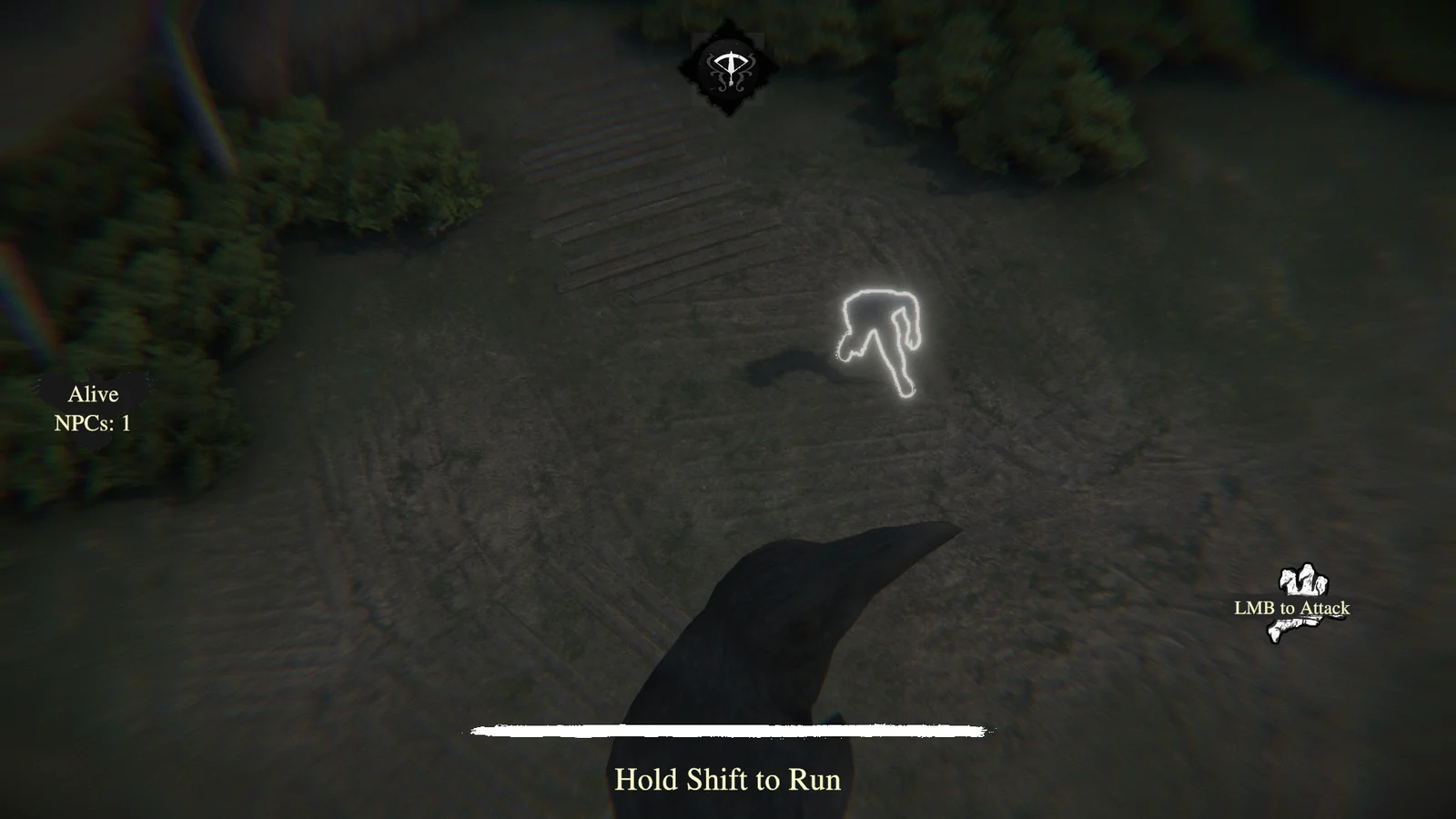 Witchbound DemoのHorrorモードでShift走行とLMB攻撃が表示されている画面