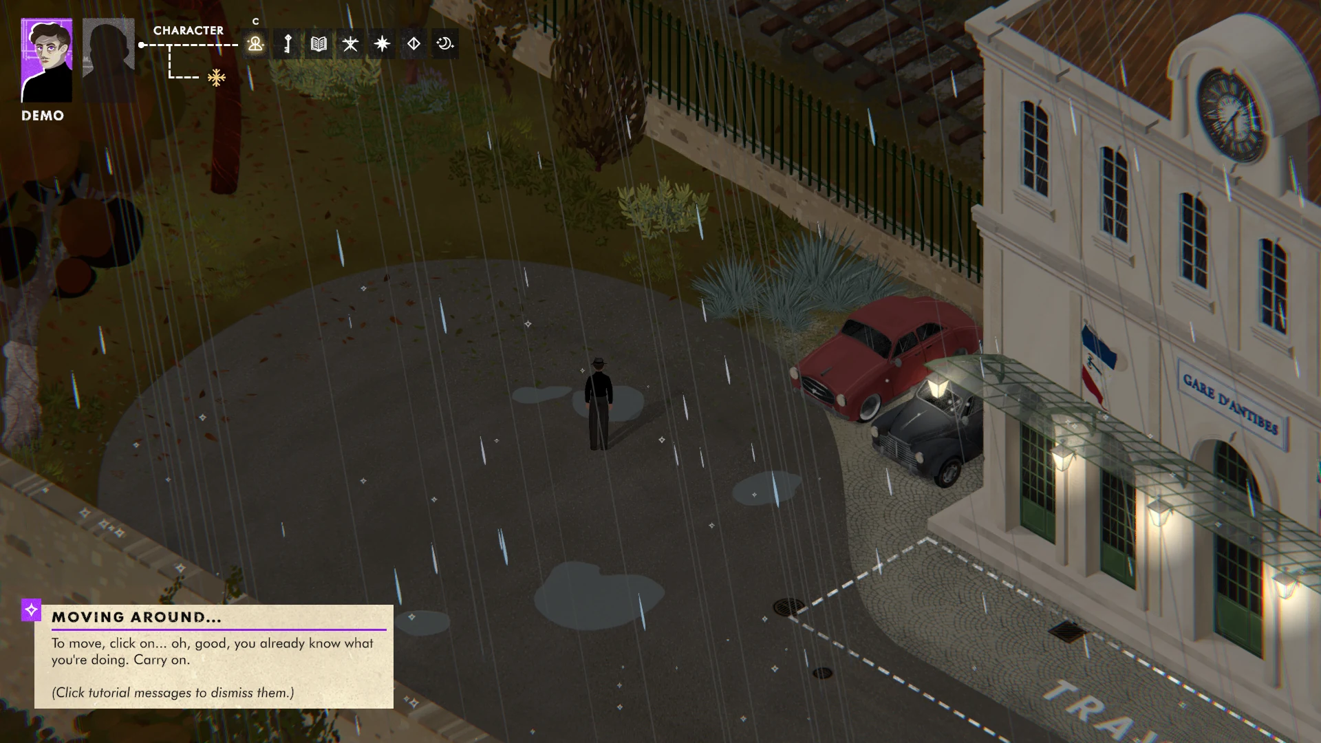 Travelling At Night DemoのAntibes駅前。雨の街をクリック移動するチュートリアルが表示されている。