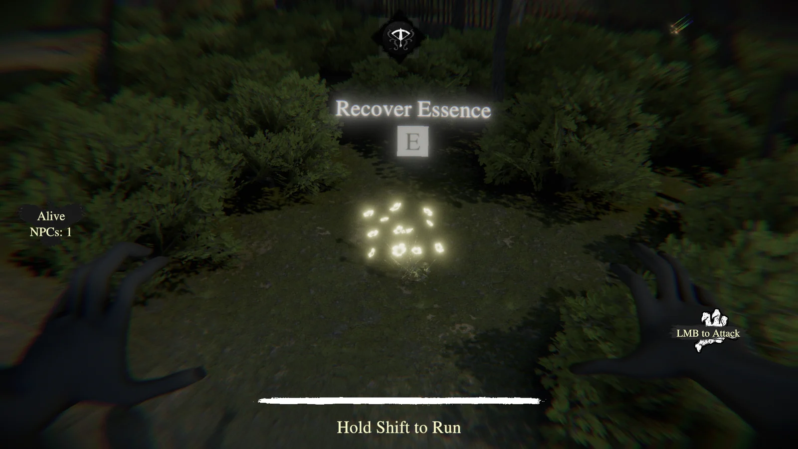 Witchbound Demoで草むらなどにあるEssenceへ近づきEキーで回収する画面
