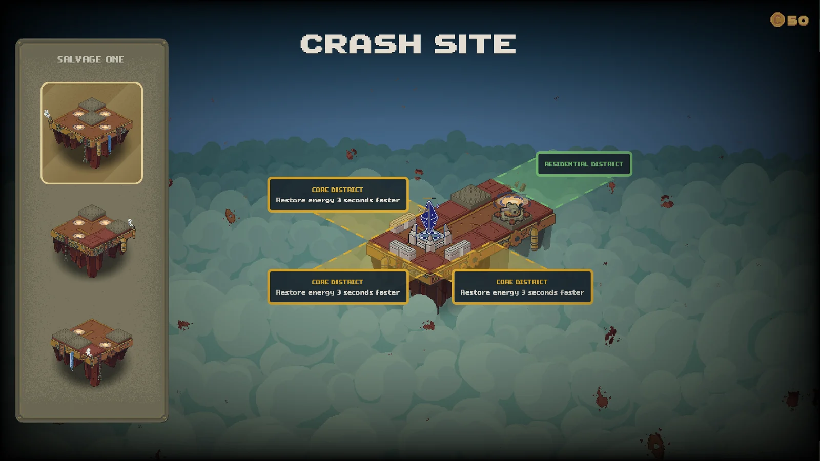 Skymote DemoのCrash Siteで島パーツを追加しCORE DISTRICTを選ぶ画面