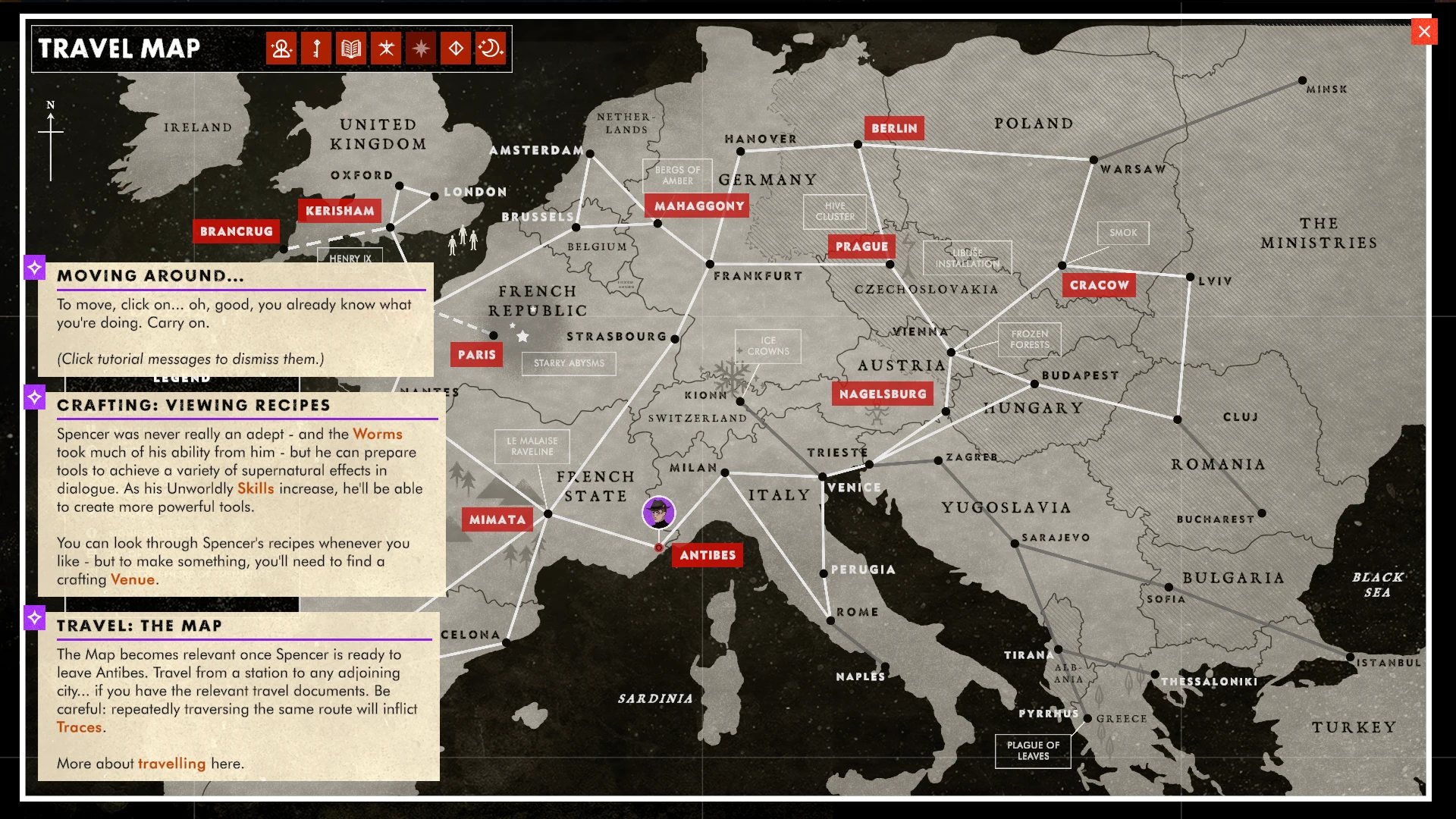 Travelling At Night DemoのTravel Map。Antibes、Paris、Berlin、Cracow、Brancrugなどヨーロッパ各地が表示されている。