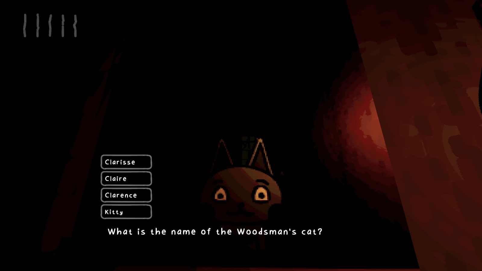 暗い悪夢の中で「What is the name of the Woodsman's cat?」という4択の記憶クイズが表示されている場面。