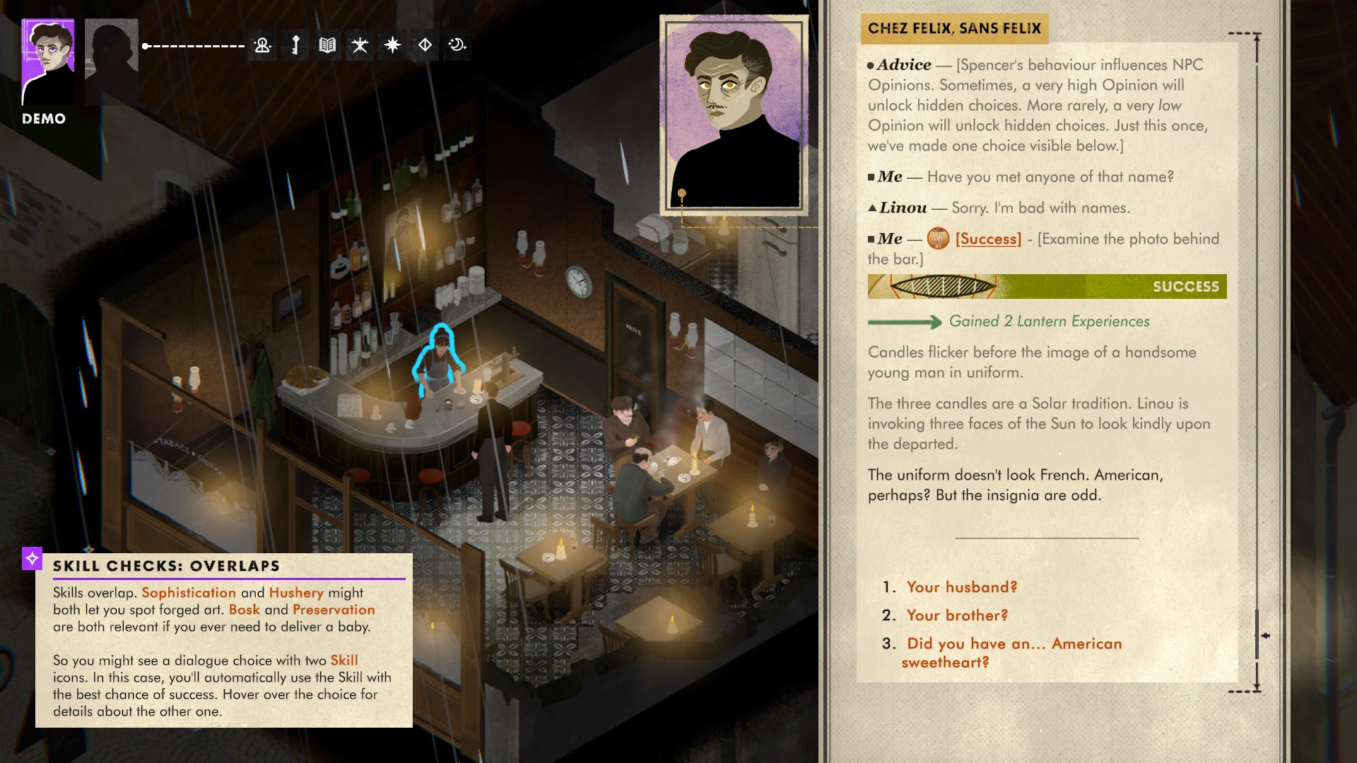 Travelling At Night Demoの会話中にSkill Checkが成功し、Experienceを獲得している画面。
