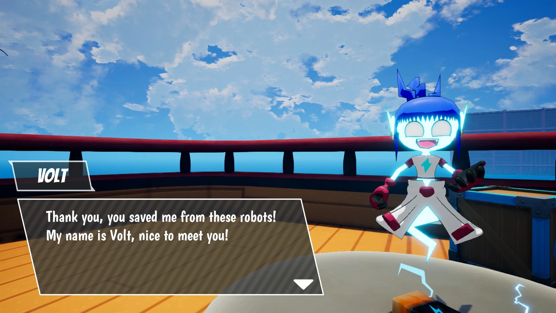 Ectorider DemoでVoltが「My name is Volt, nice to meet you!」と自己紹介する会話シーン。