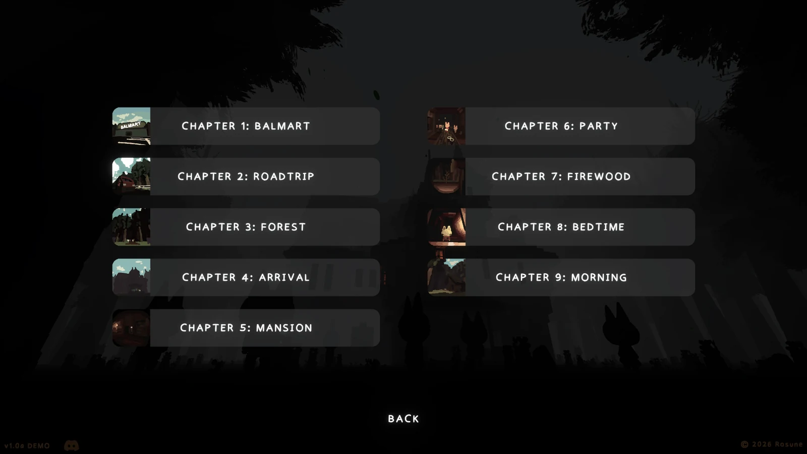 Where the Redwood Ends DemoのChapter Select画面。BALMARTからMORNINGまで全9Chapterが一覧表示されている。
