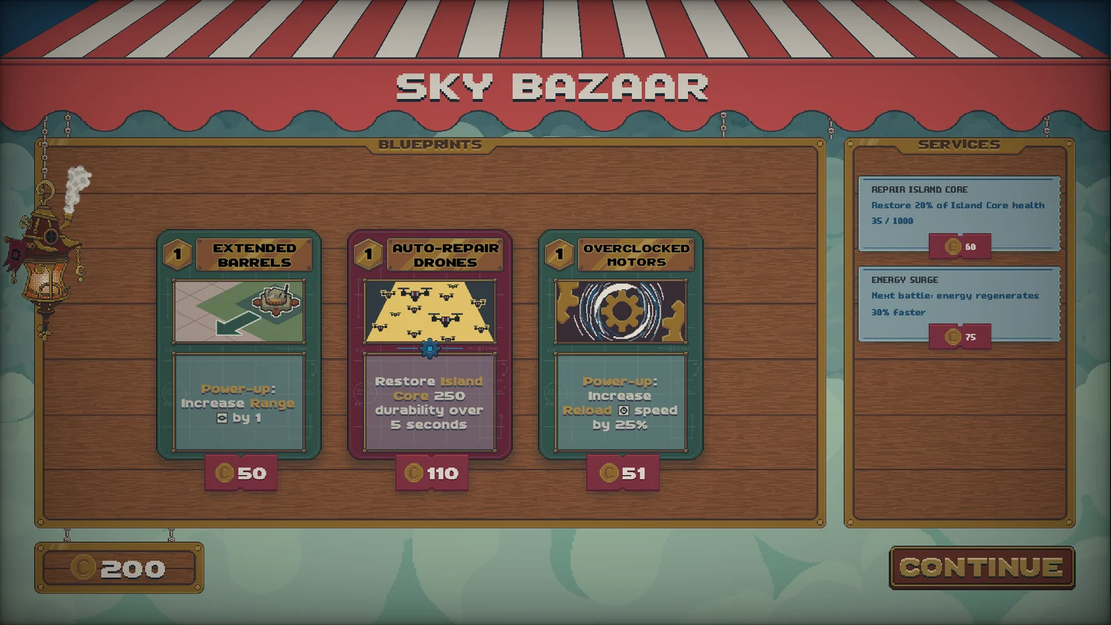 Skymote DemoのSky BazaarでBlueprint購入とRepair Island CoreなどのServiceが表示されたショップ画面