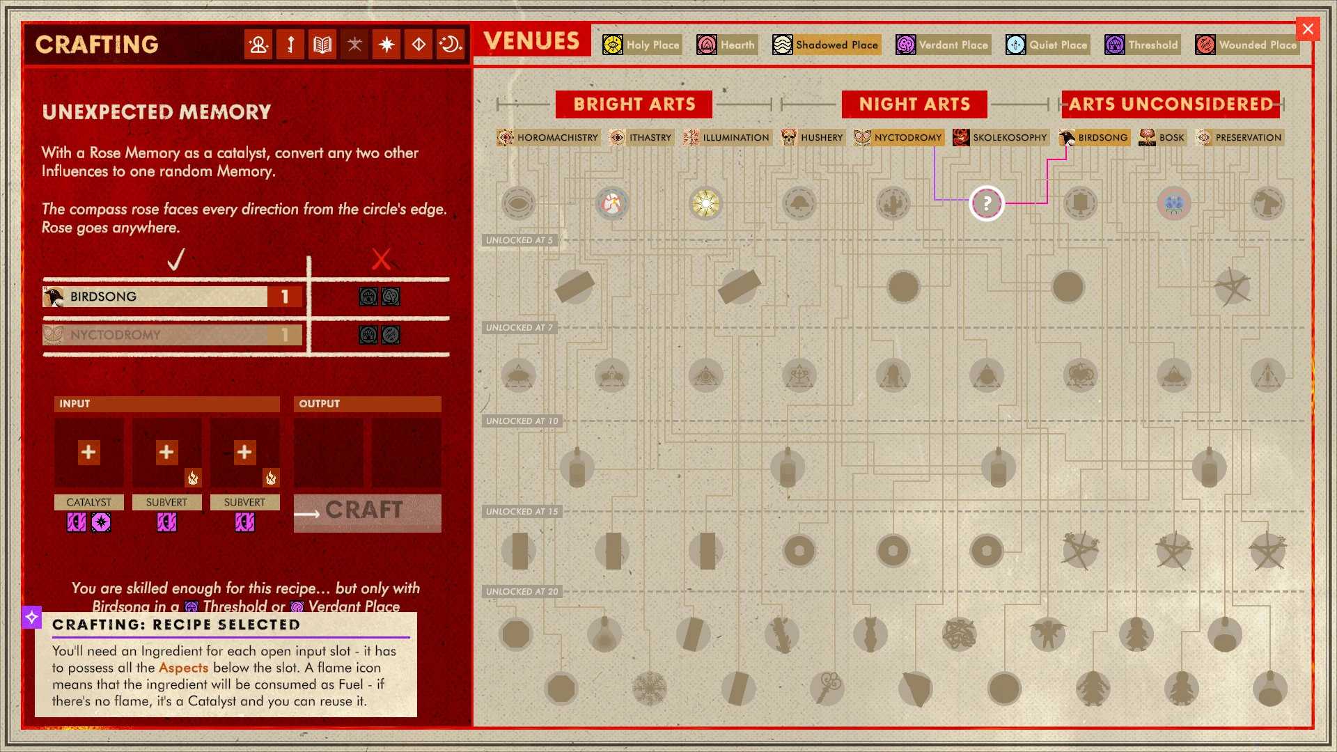 Travelling At Night DemoのCrafting画面。Unexpected Memoryのレシピ、必要Aspect、Venue条件が表示されている。